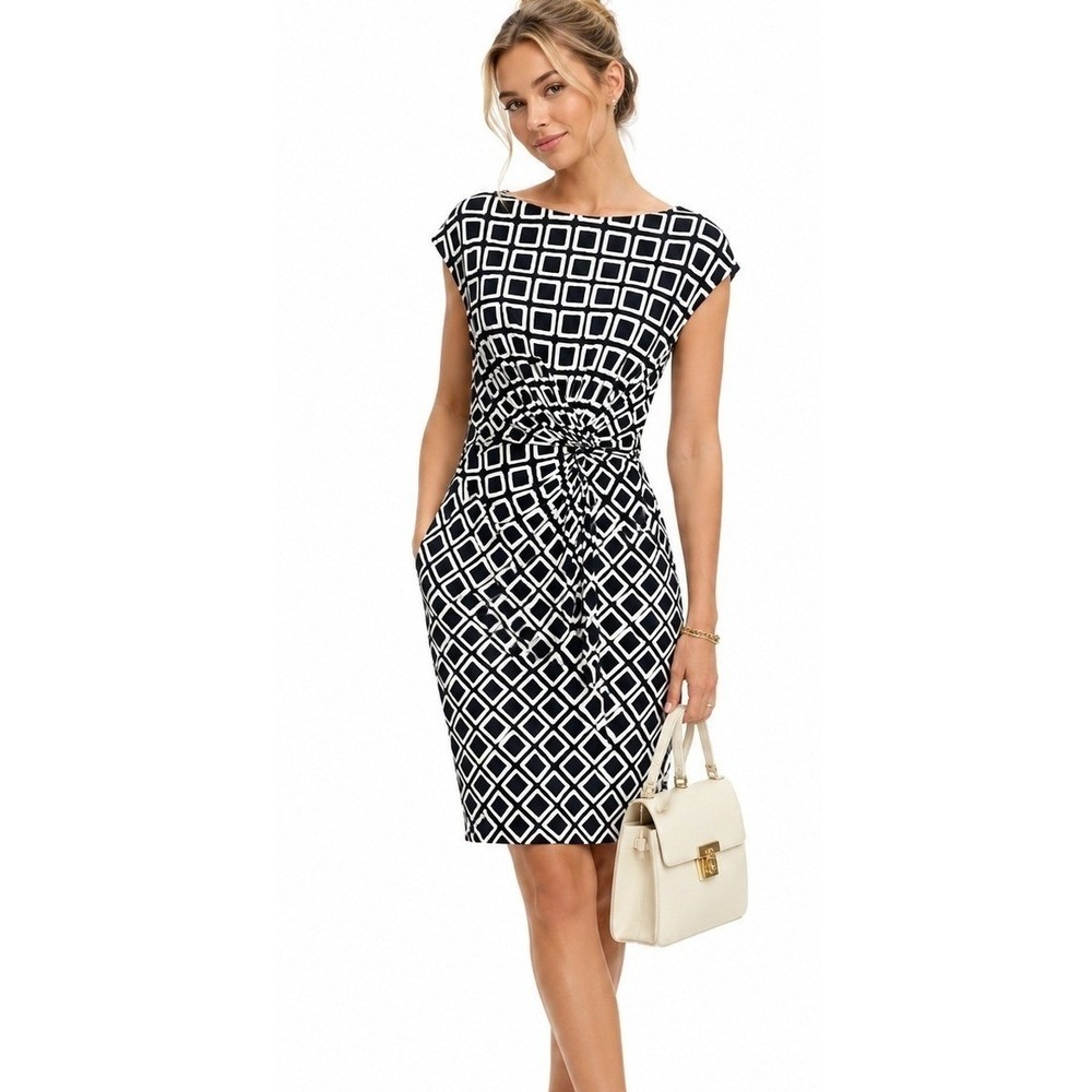 Lauren Ralph Lauren Navy White Geometric Twist Waist Sheath Dress | Size 4
